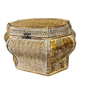 Asian Style Vintage Woven Carved light metal/Wooden Trunk inside storage box